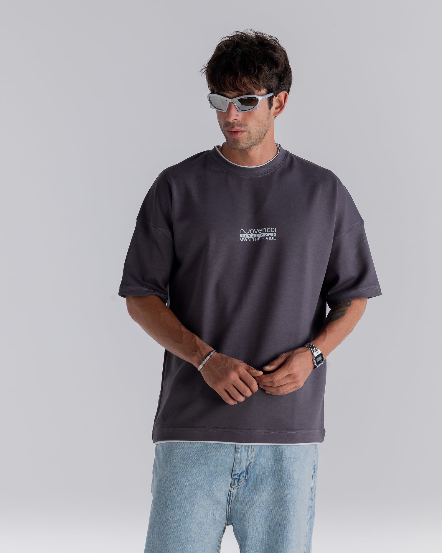 ⁠Double Layer Printed Dark Grey T-shirt