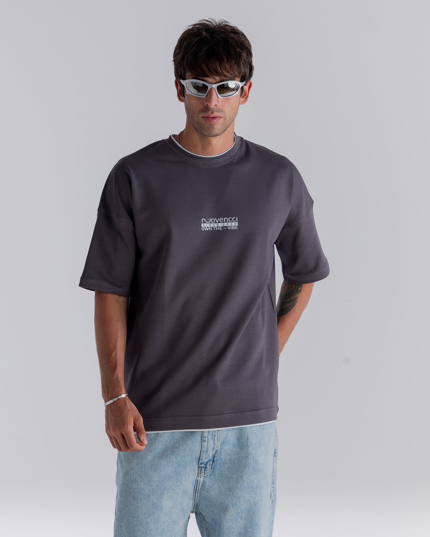 ⁠Double Layer Printed Dark Grey T-shirt