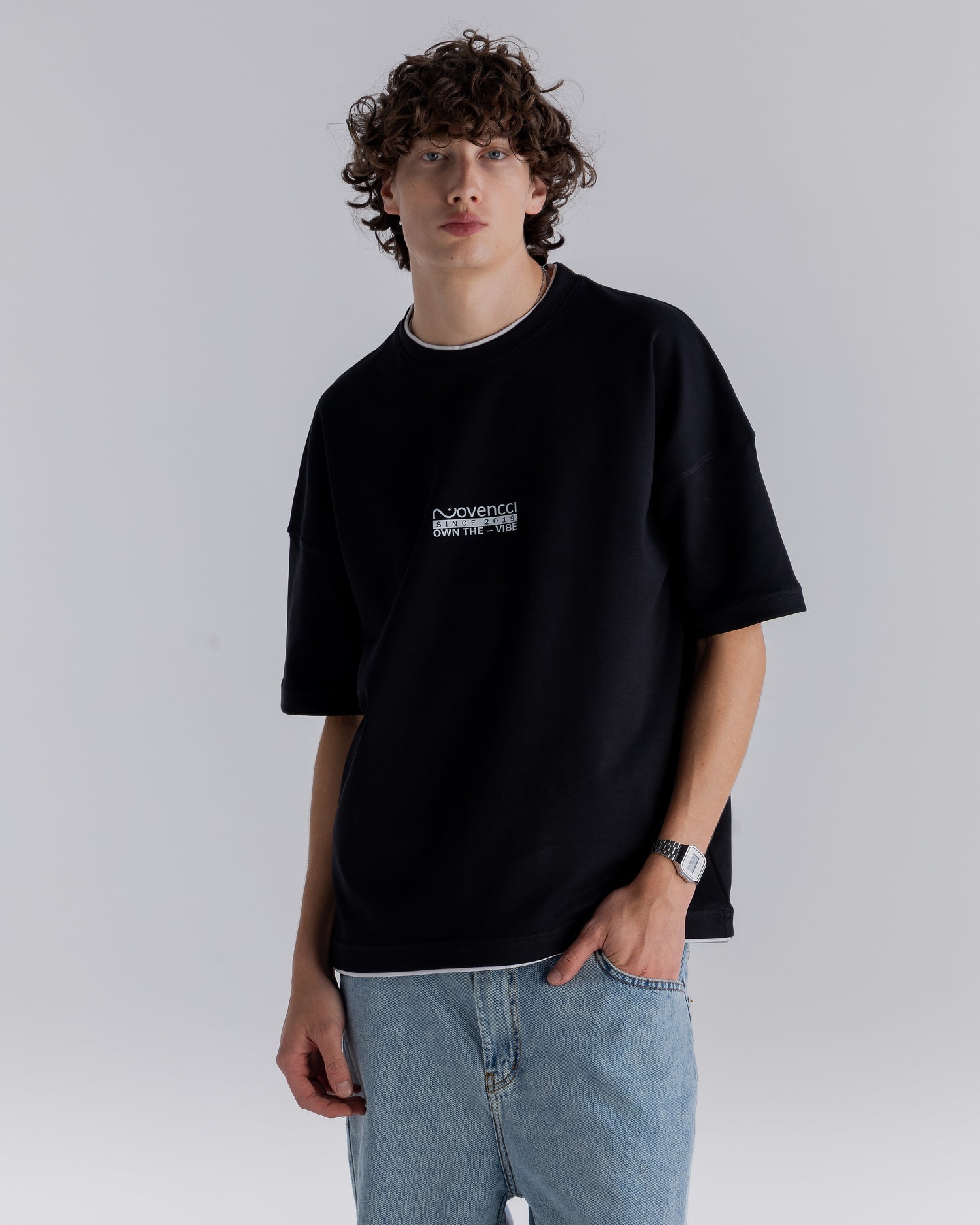 ⁠Double Layer Printed Black T-shirt
