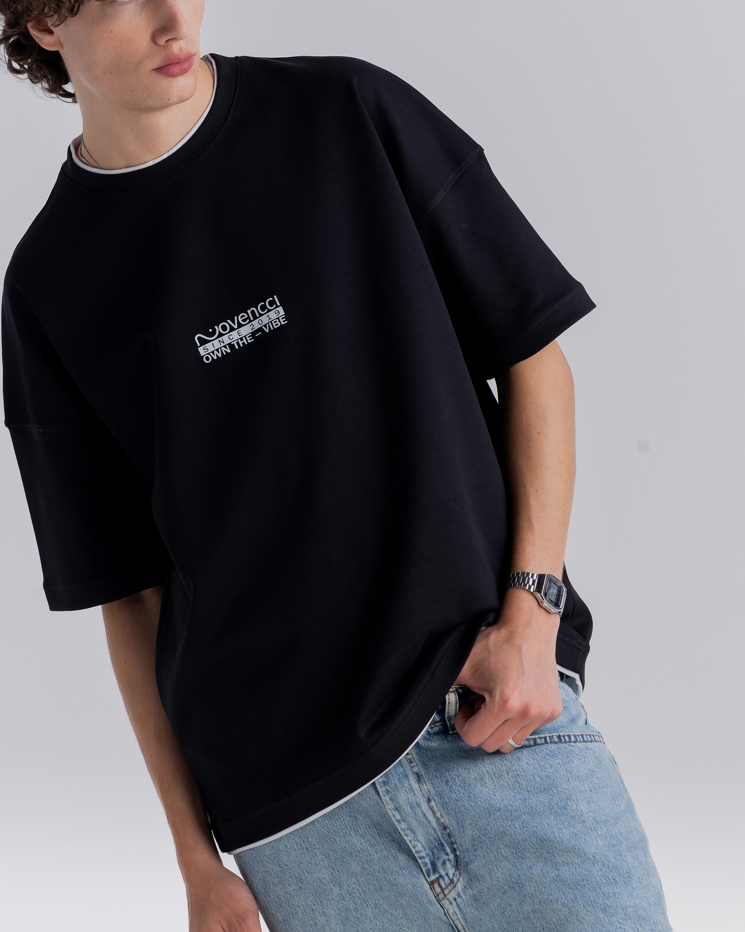⁠Double Layer Printed Black T-shirt
