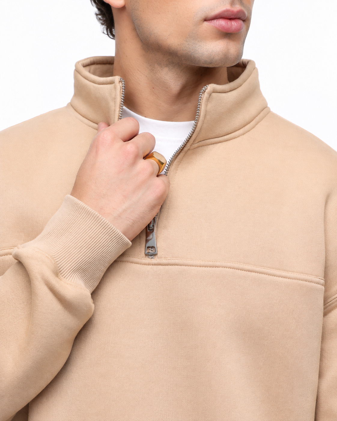 Quarter Zip Collar Collar Beige Sweatshirt