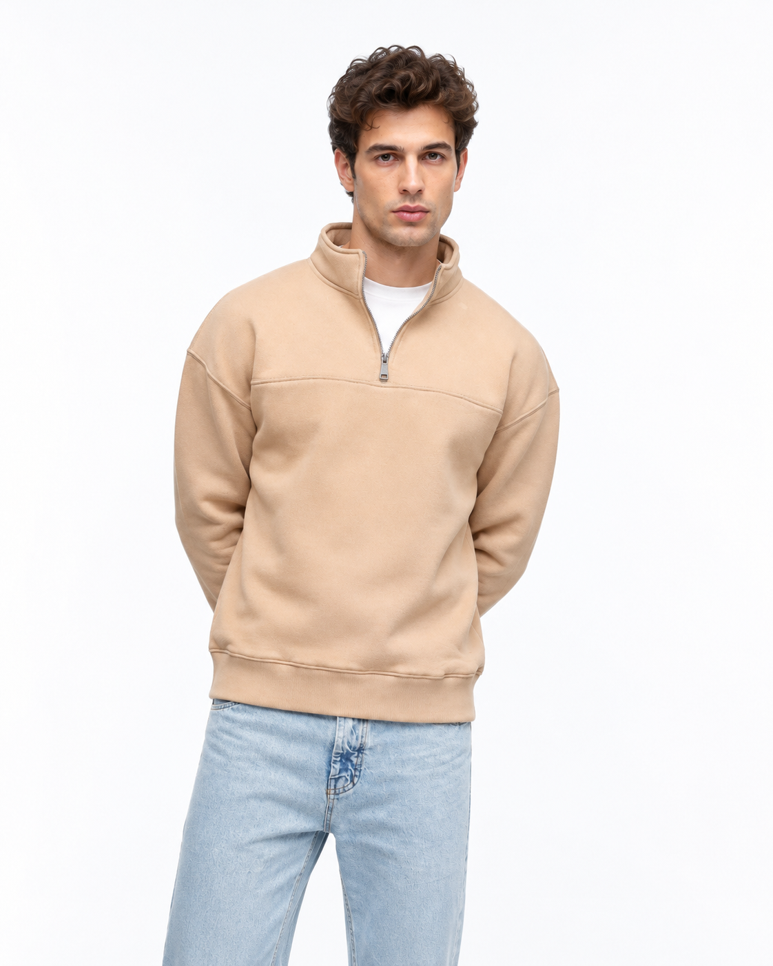 Quarter Zip Collar Collar Beige Sweatshirt