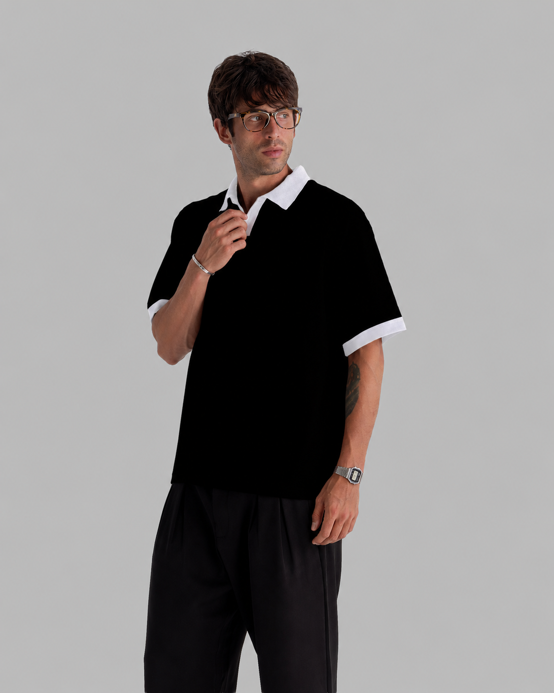 Black White-Collar Polo