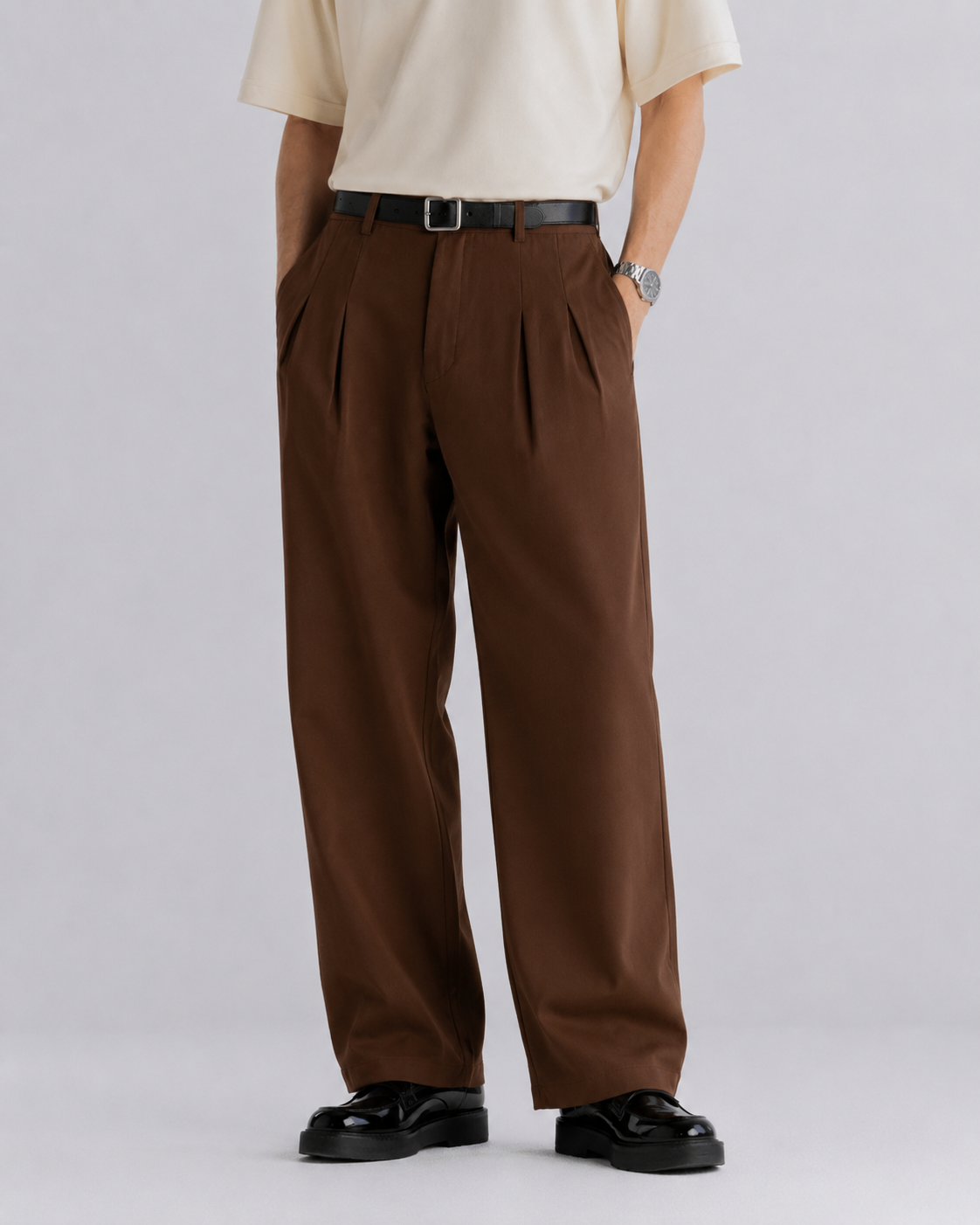 Brown Wide-Leg Chino Pants