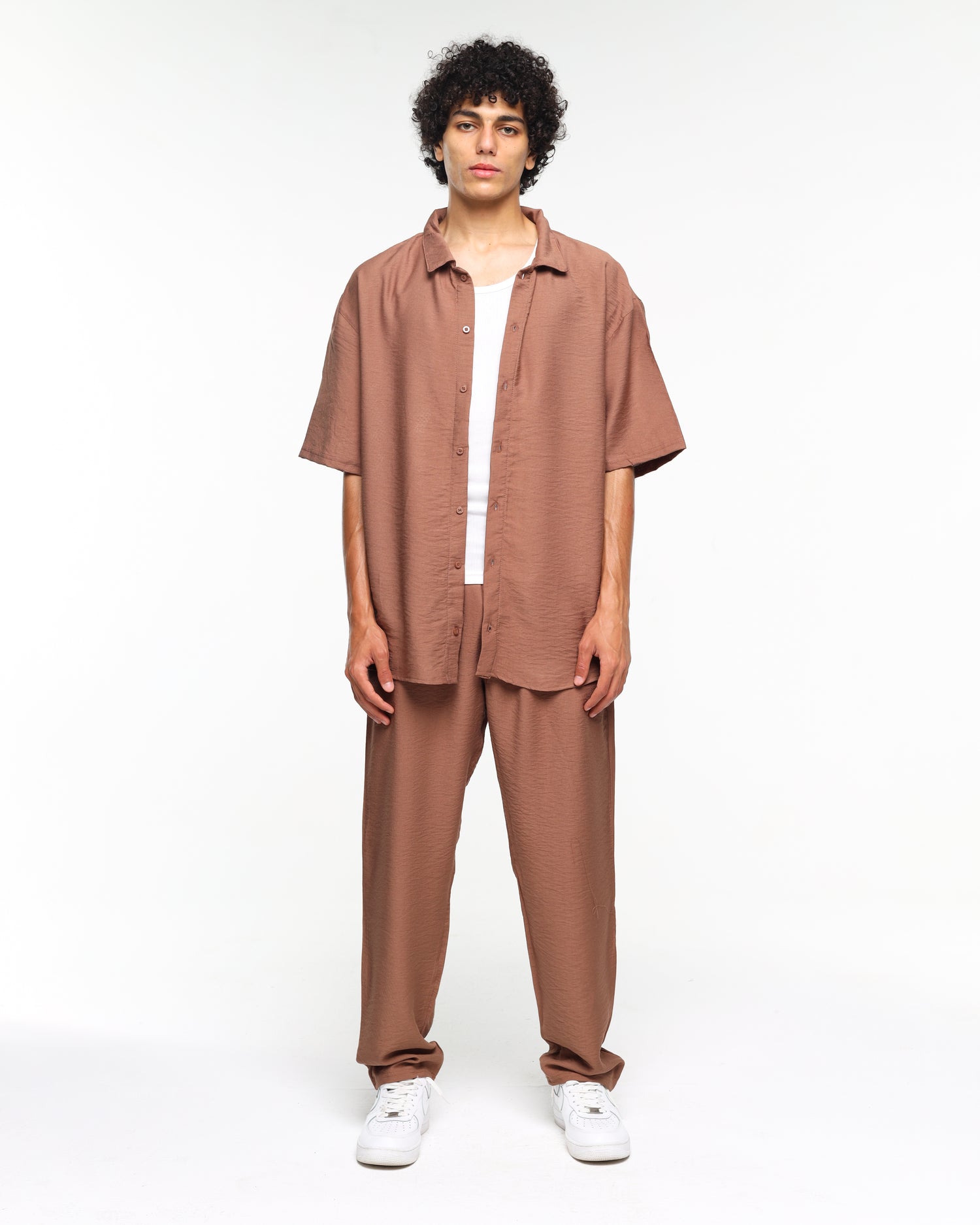 Short sleeve brown linen shirt