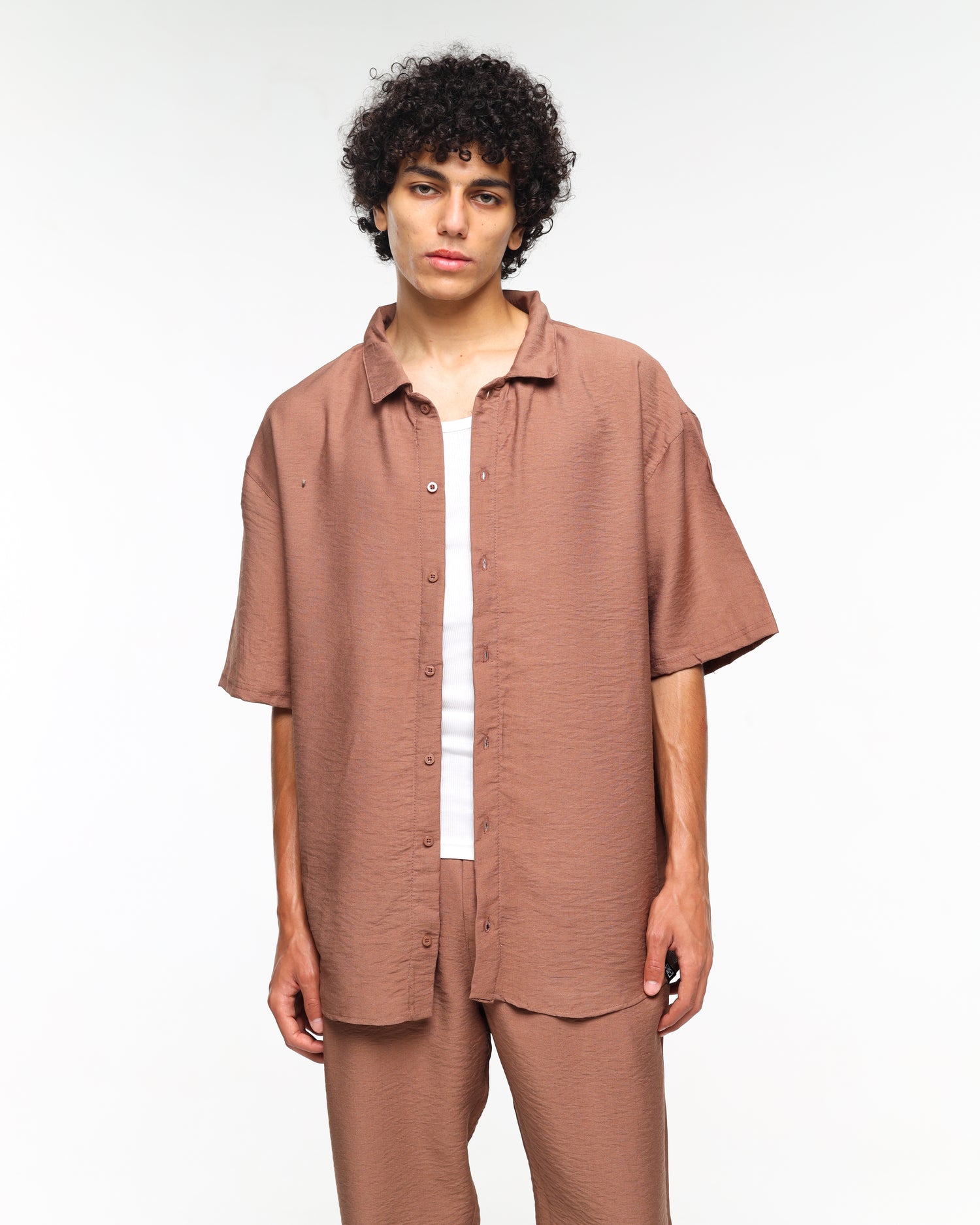 Short sleeve brown linen shirt