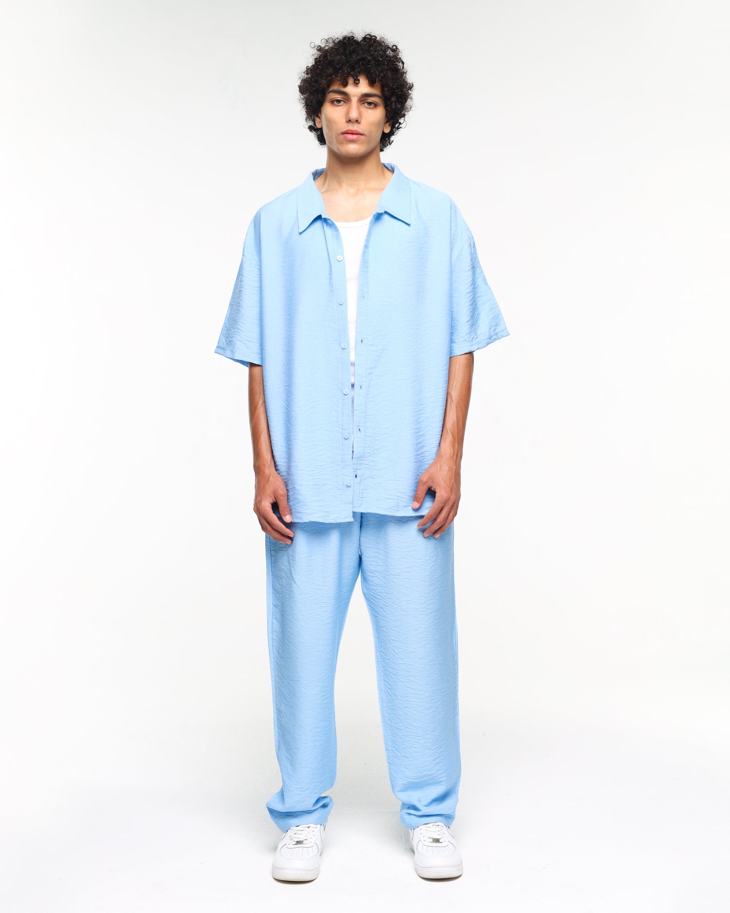 Short sleeve sky blue linen shirt