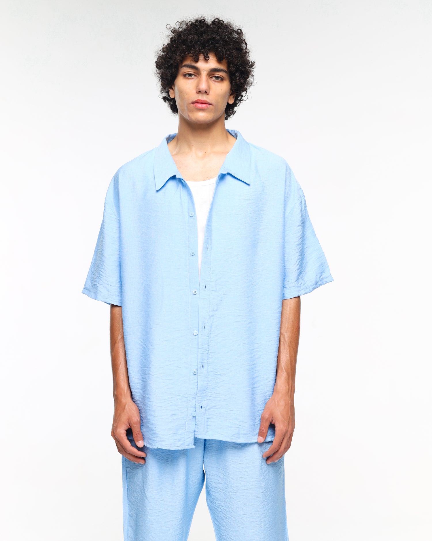 Short sleeve sky blue linen shirt