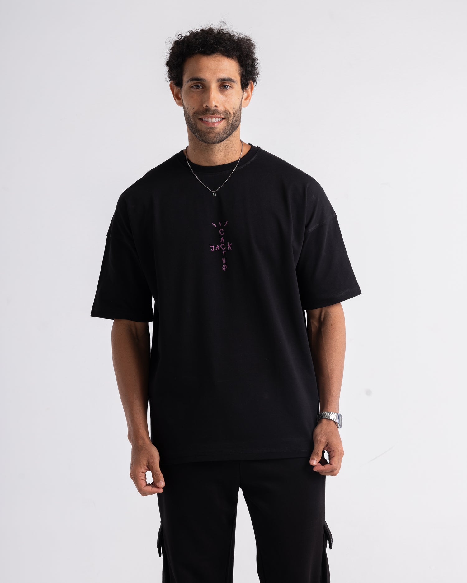 Oversized Cactus Printed Black T-shirt