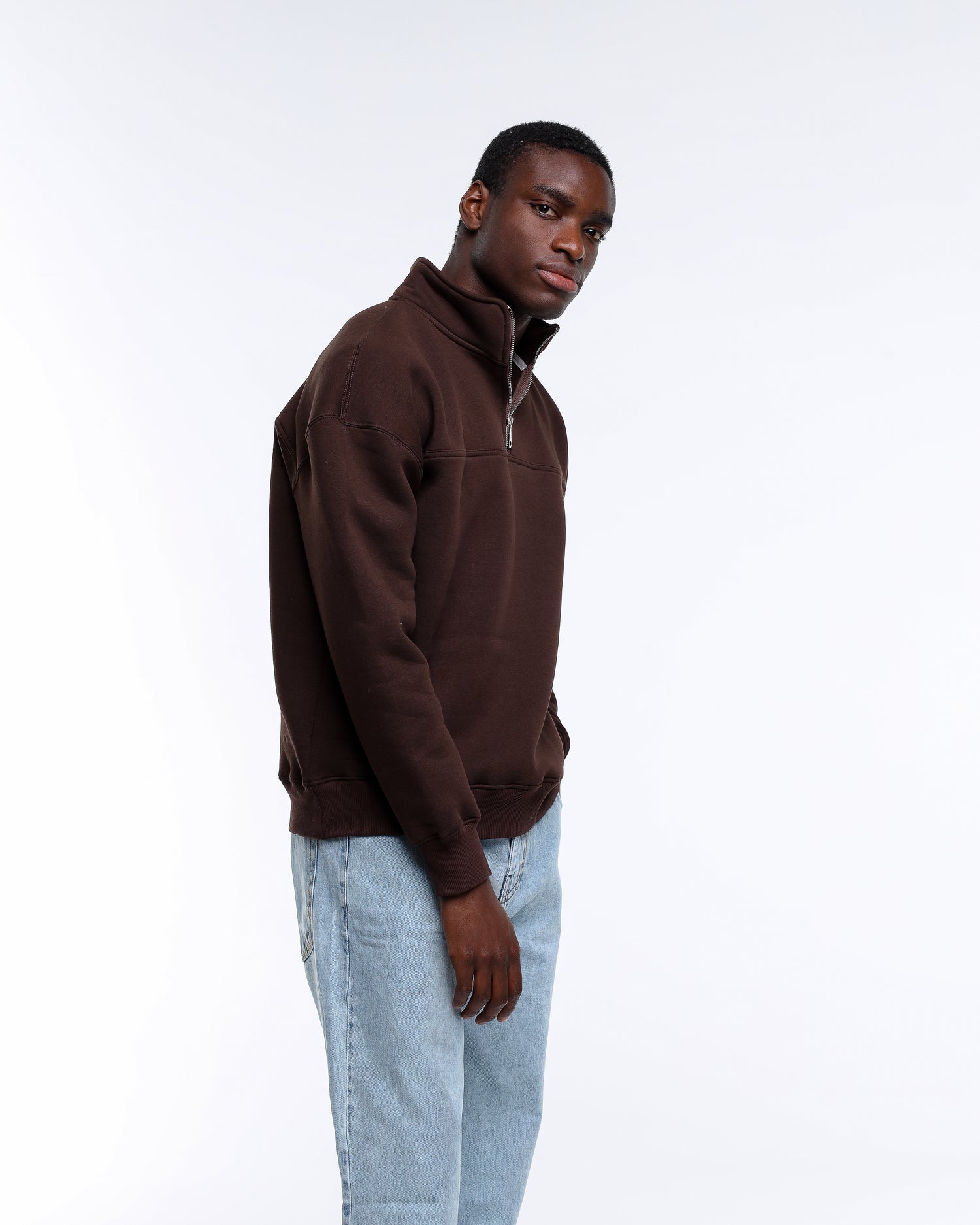 Quarter Zip Collar Brown Sweatshirt