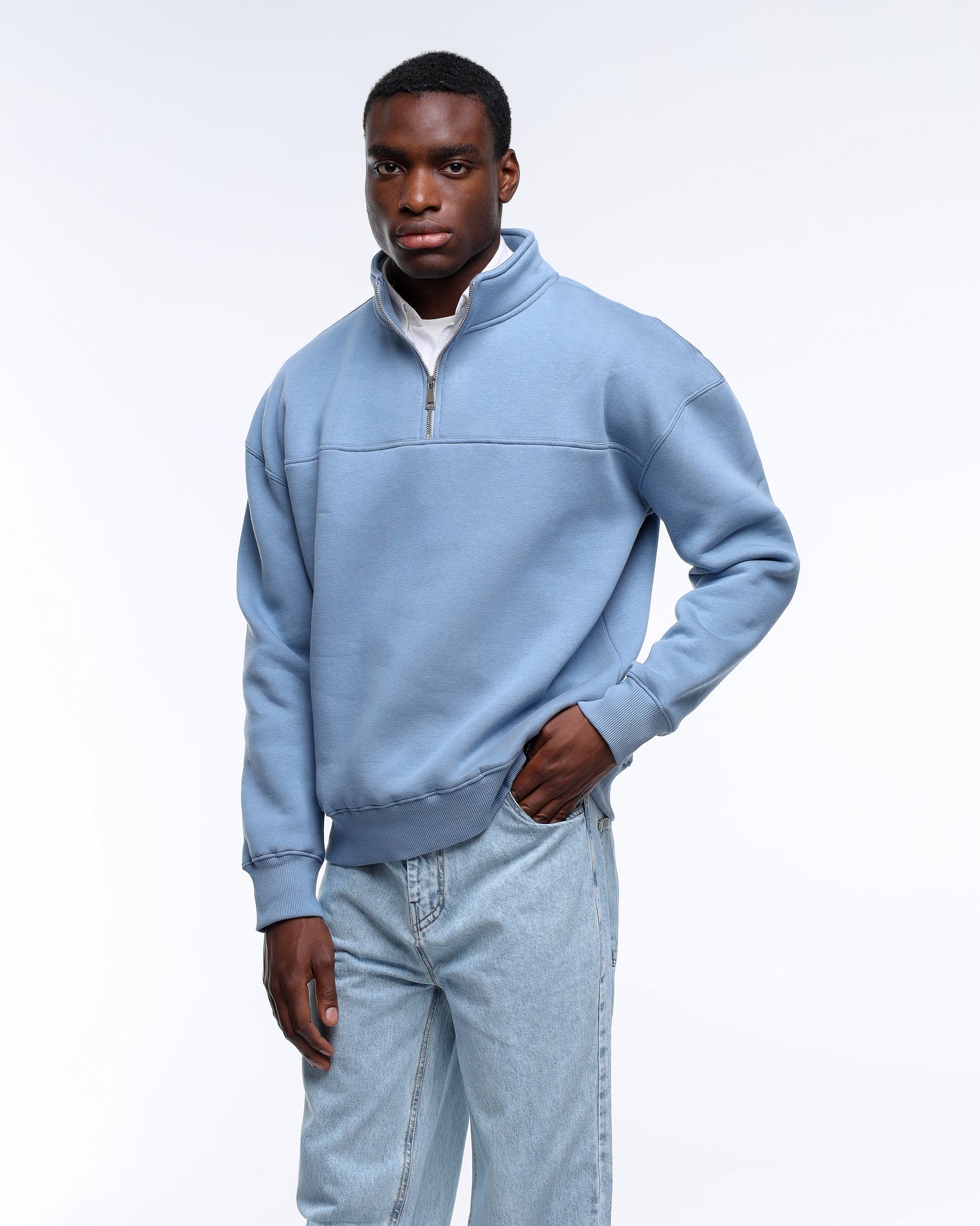 Zip-up Collar Light Blue Sweatshirt