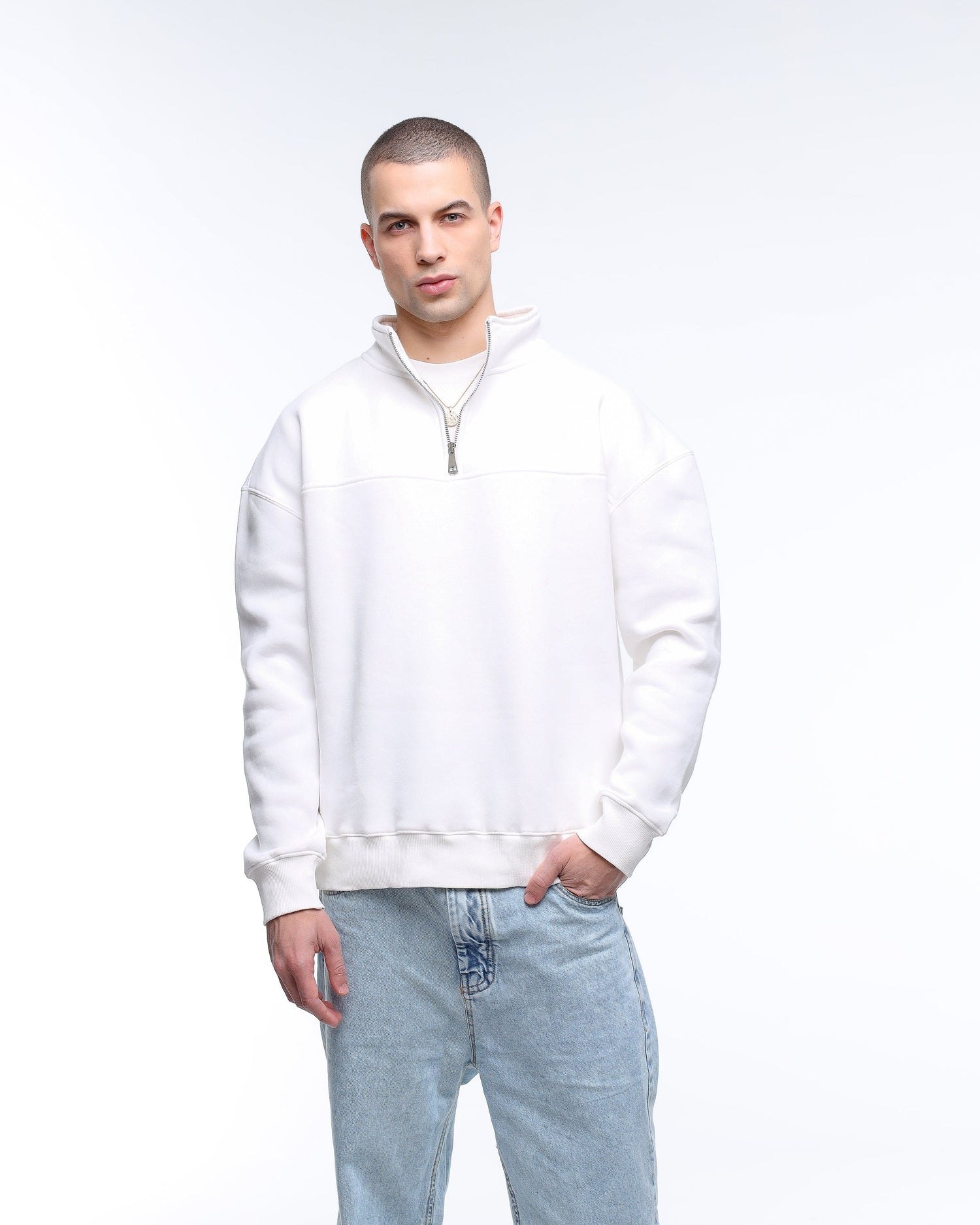 Quarter Zip Collar White Sweatshirt