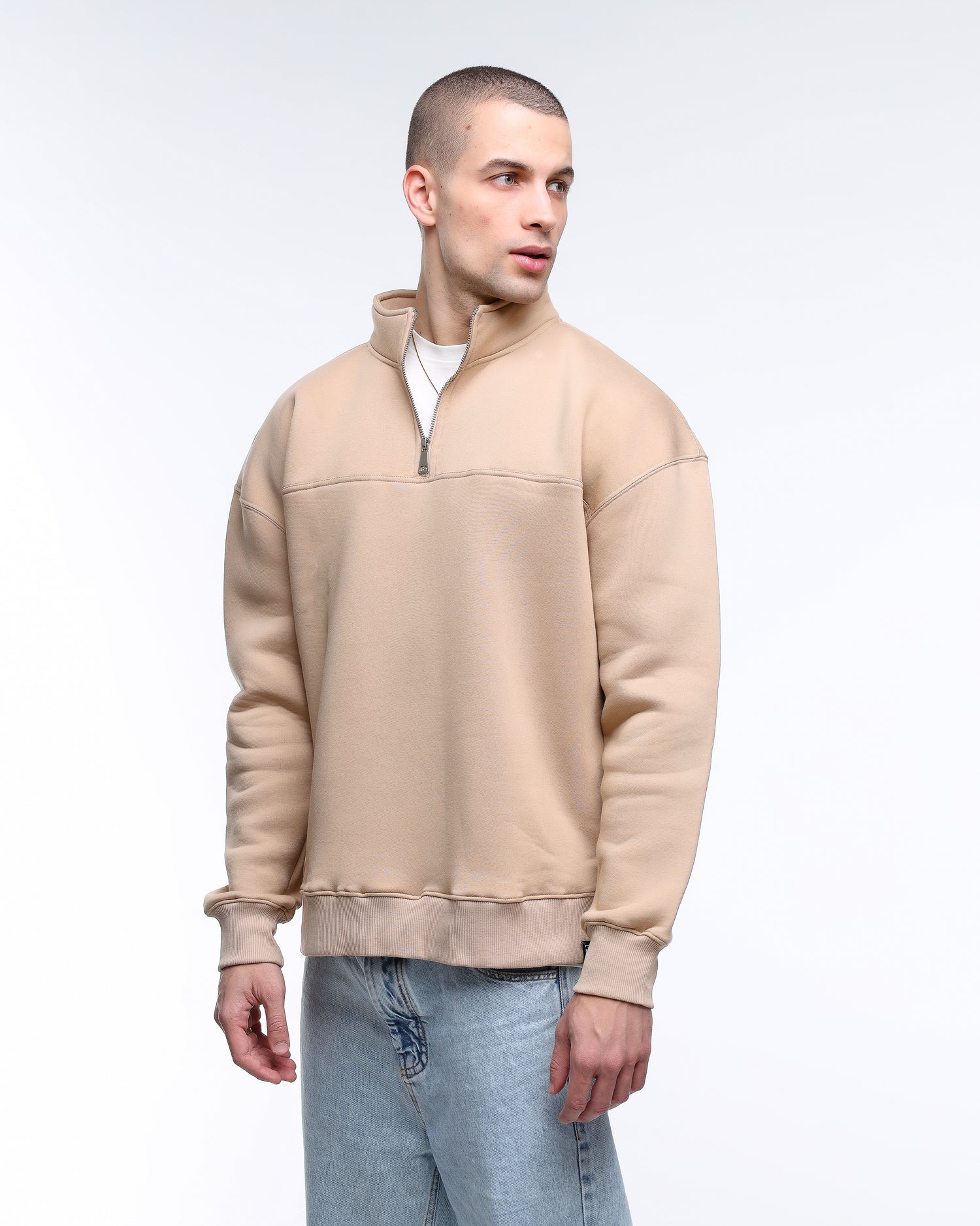 Zip-Up Collar Beige Sweatshirt