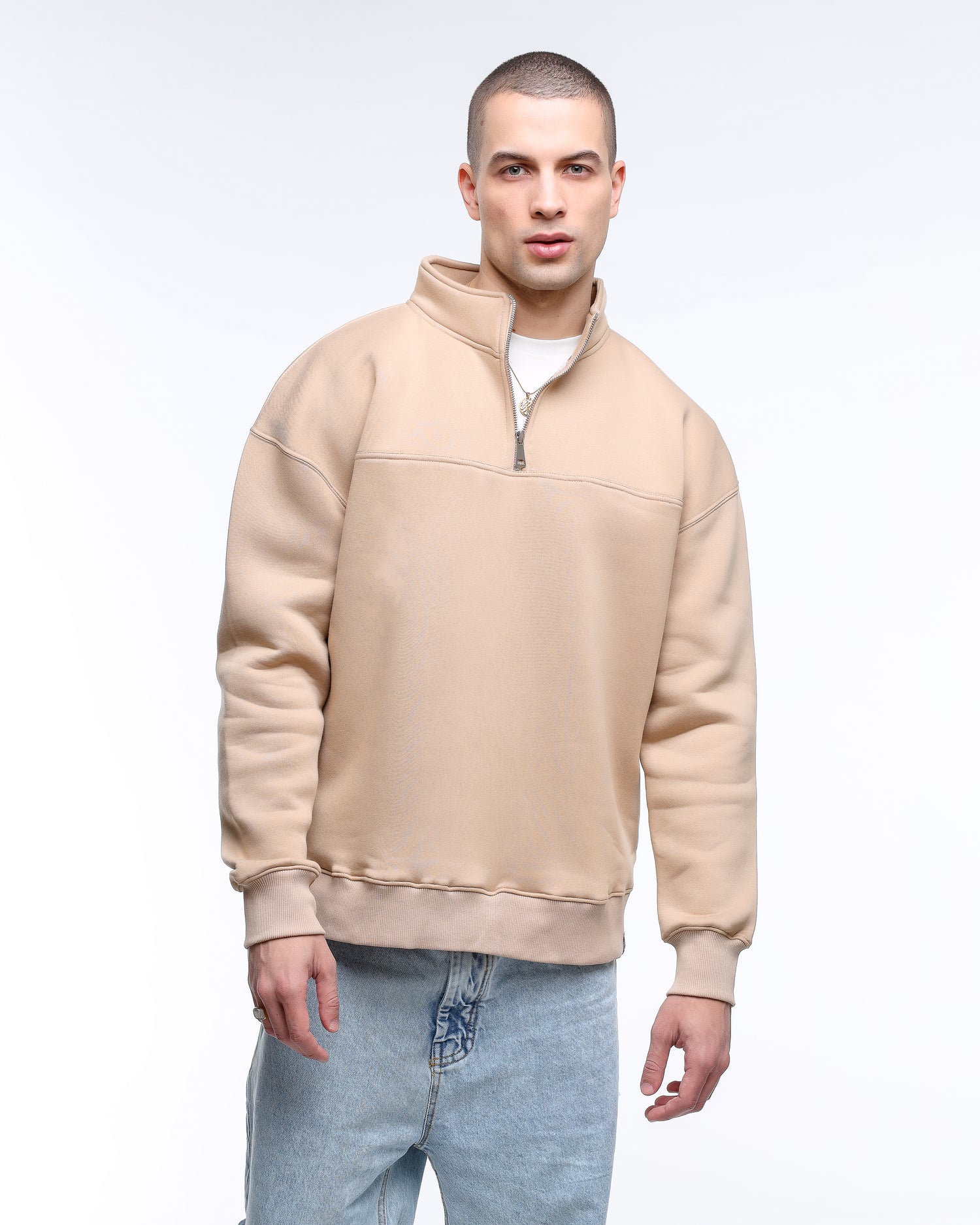 Zip-Up Collar Beige Sweatshirt