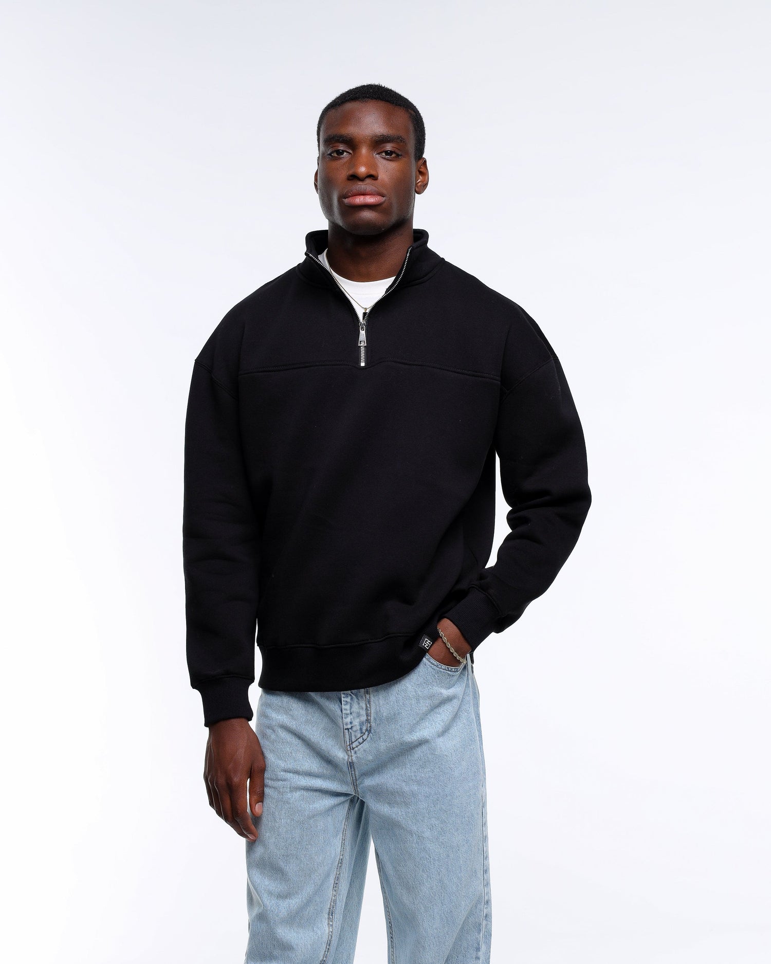 Zip-Up Collar Black Sweatshirt