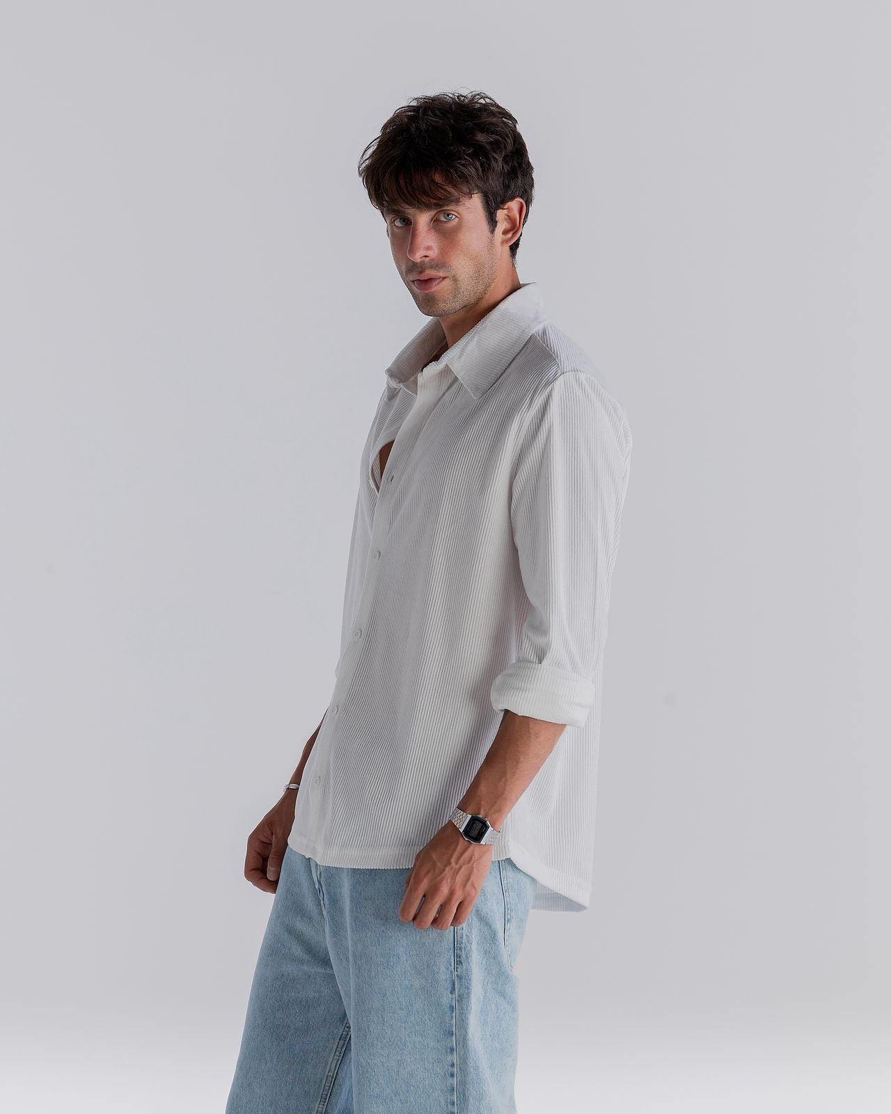 ⁠White ⁠Ribbed Long Sleeve Shirt