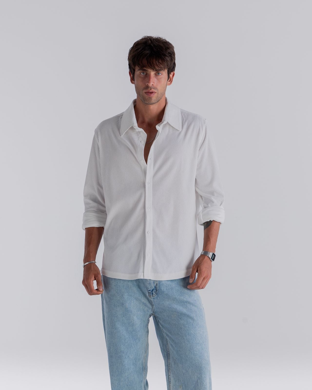 ⁠White ⁠Ribbed Long Sleeve Shirt