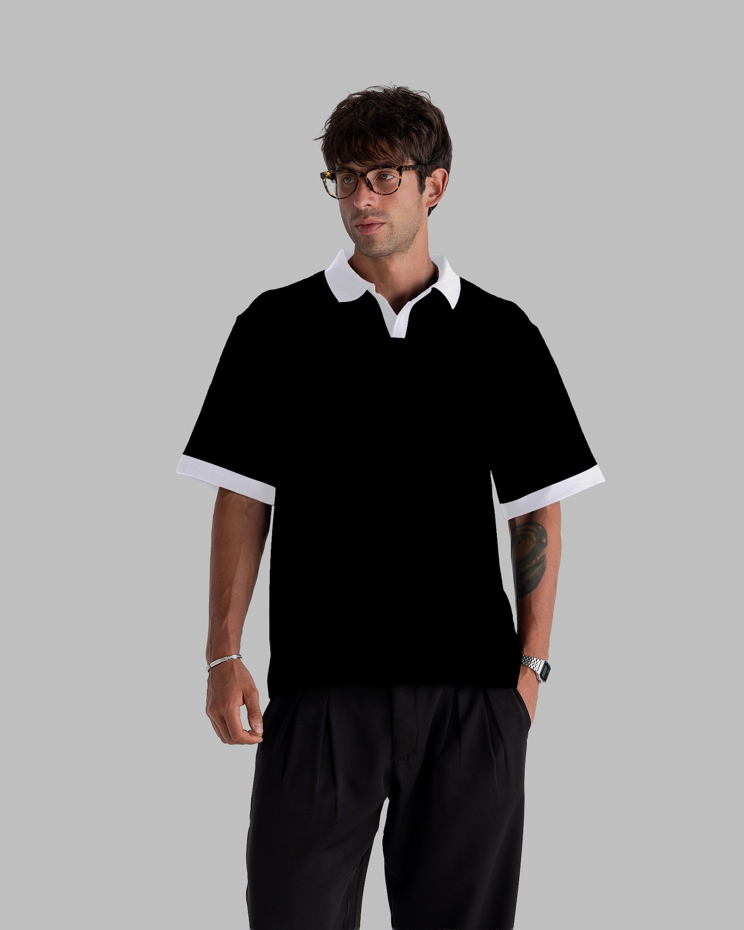 Black White-Collar Polo