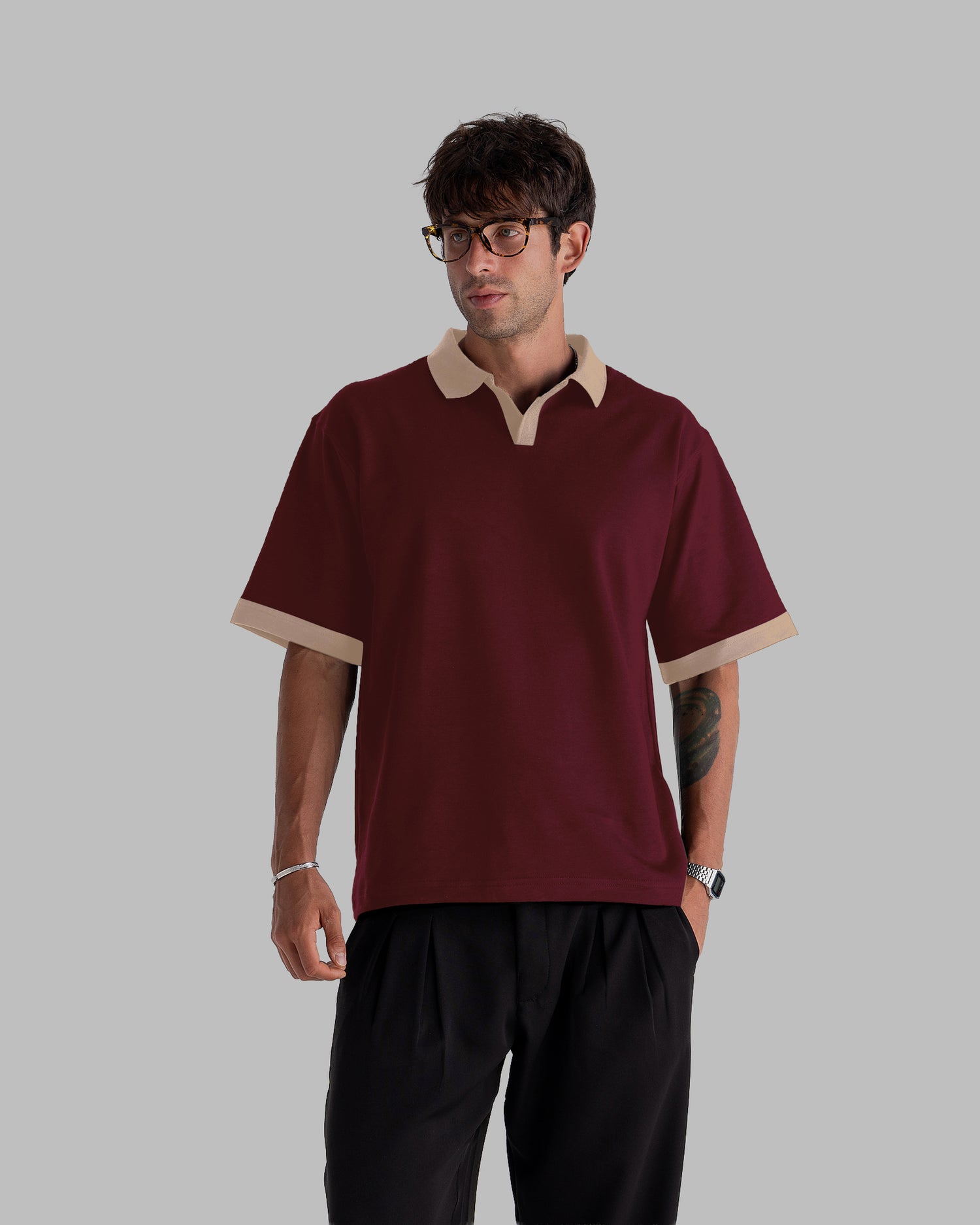 Burgundy Biege Collar Polo