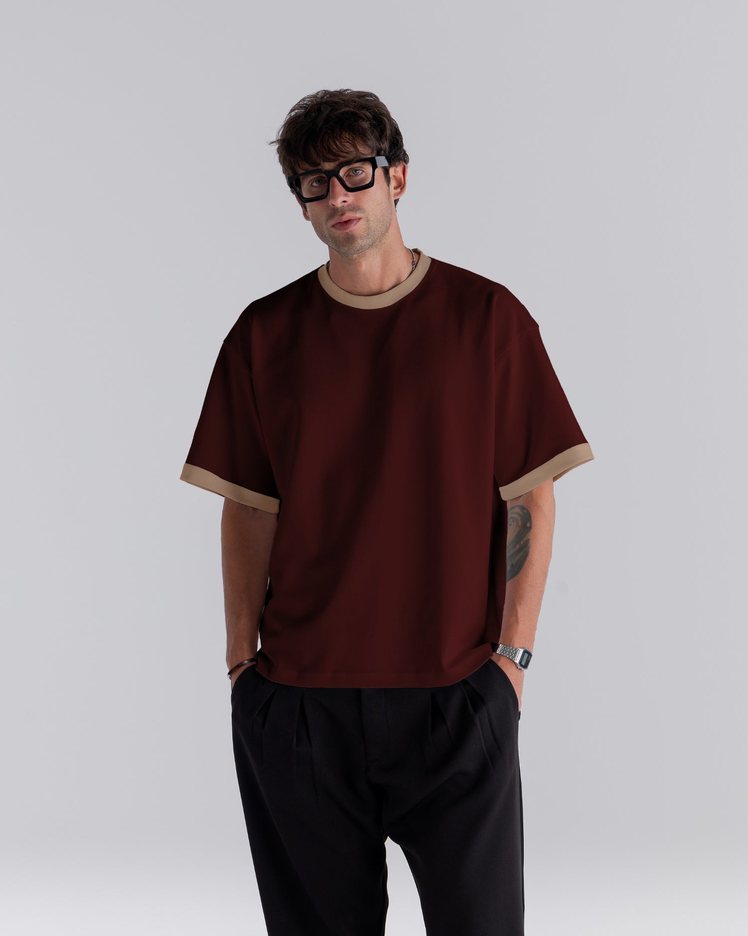 Burgundy Oversized Contrast T-Shirt