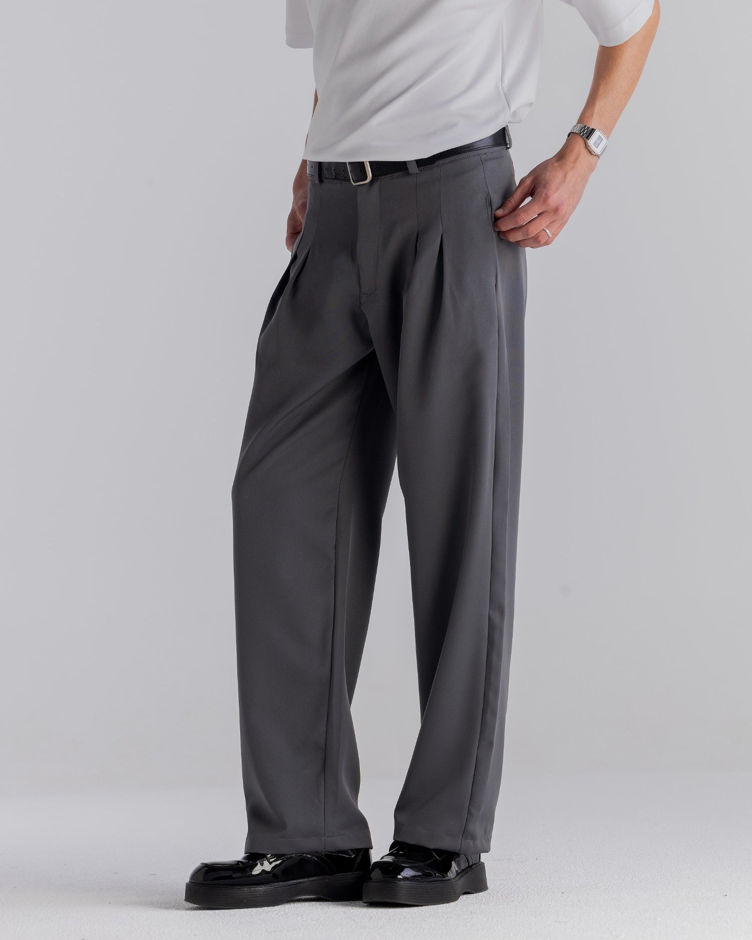 Grey Wide-Leg Chino Pants