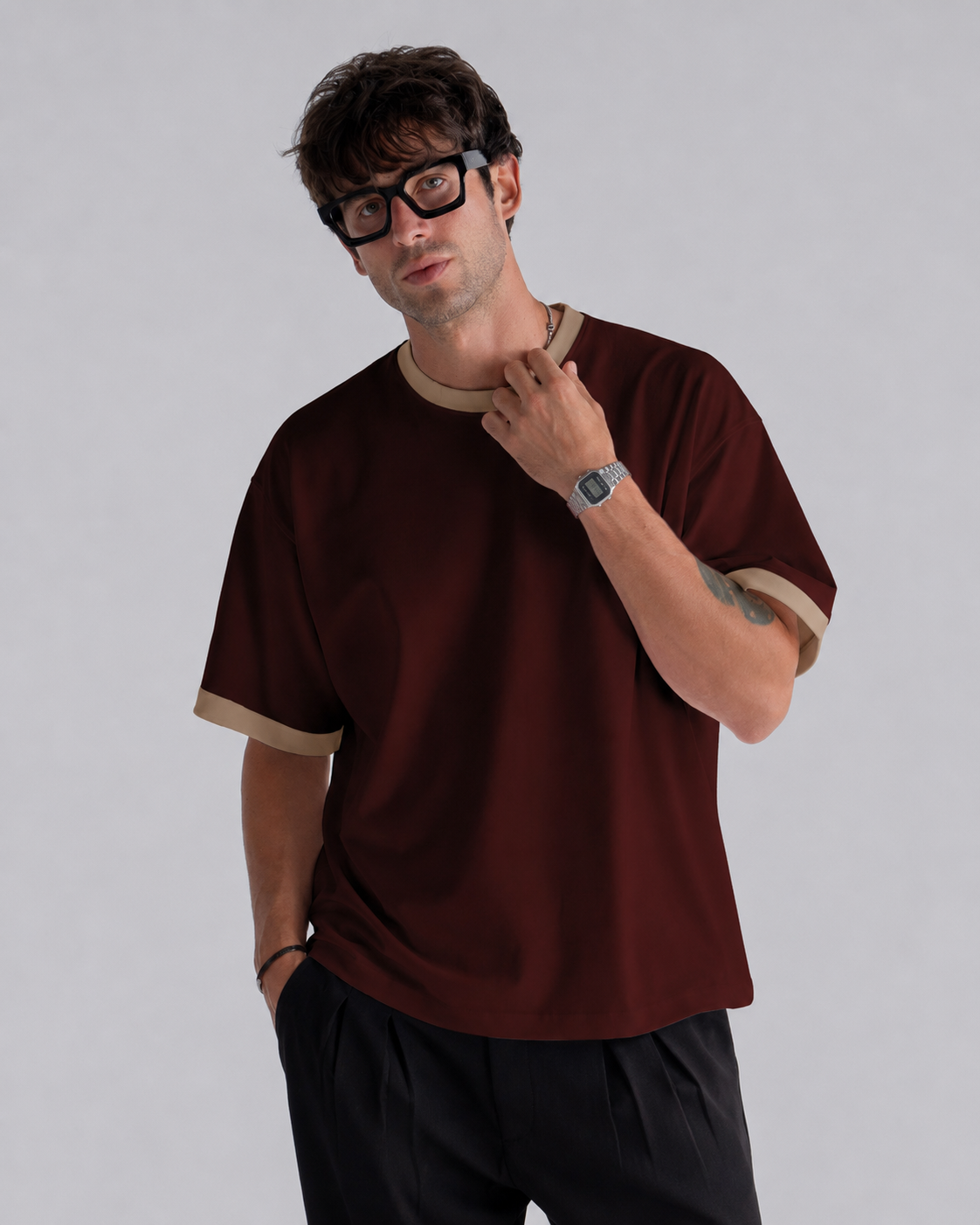 Burgundy Oversized Contrast T-Shirt