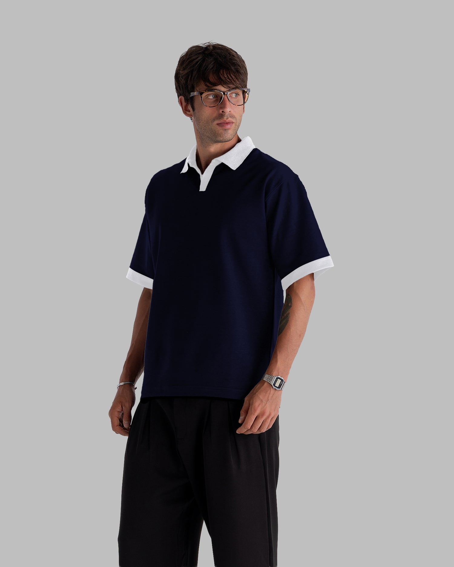 Navy White Collar Polo