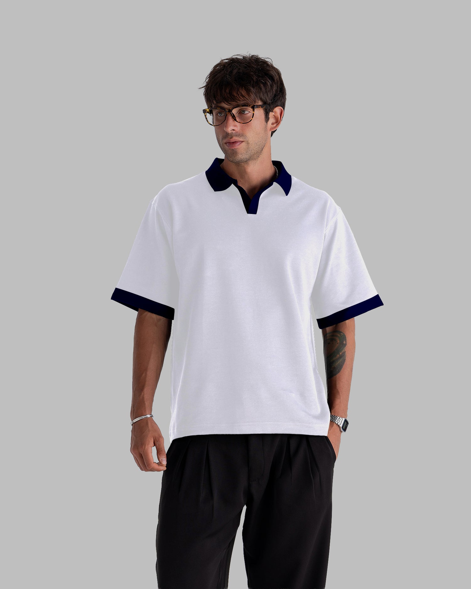 White Navy Collar Polo