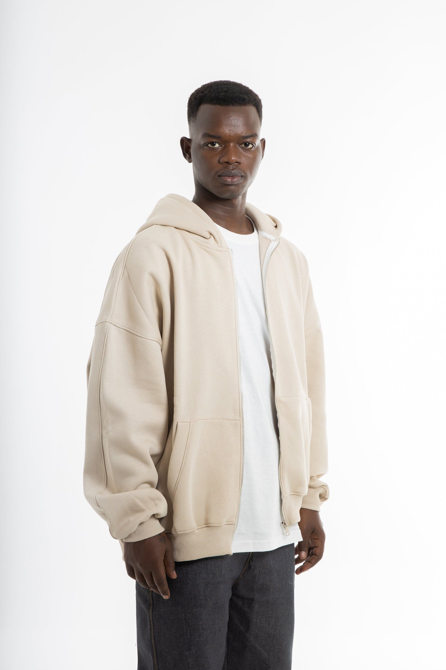 Basic beige zipped oversized sweatshirt